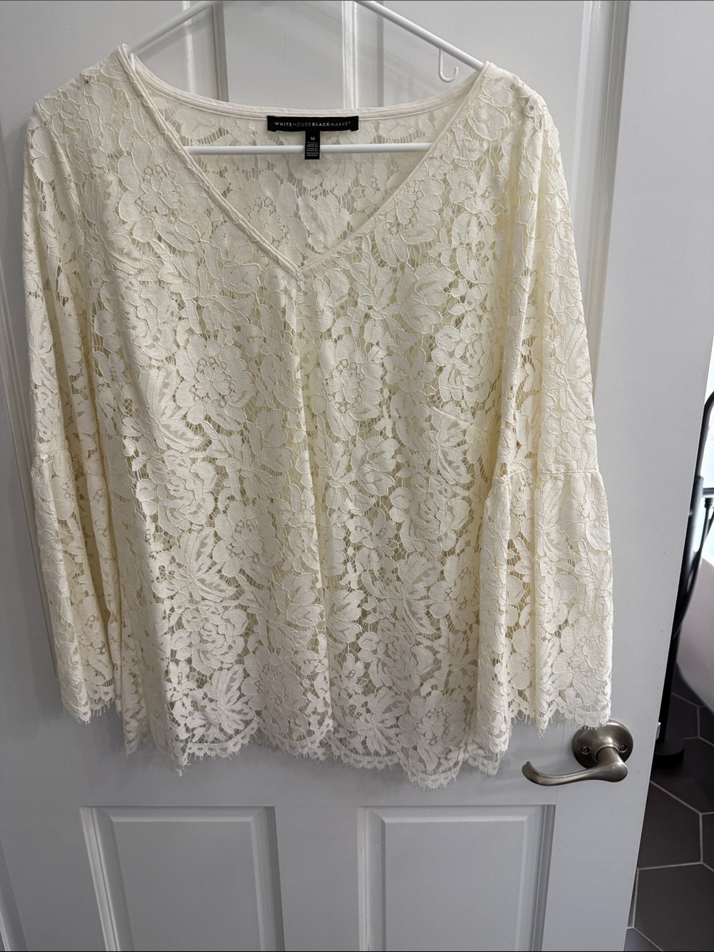 White House Black Market Cream Lace V-Neck Bell Sleeve Tunic
